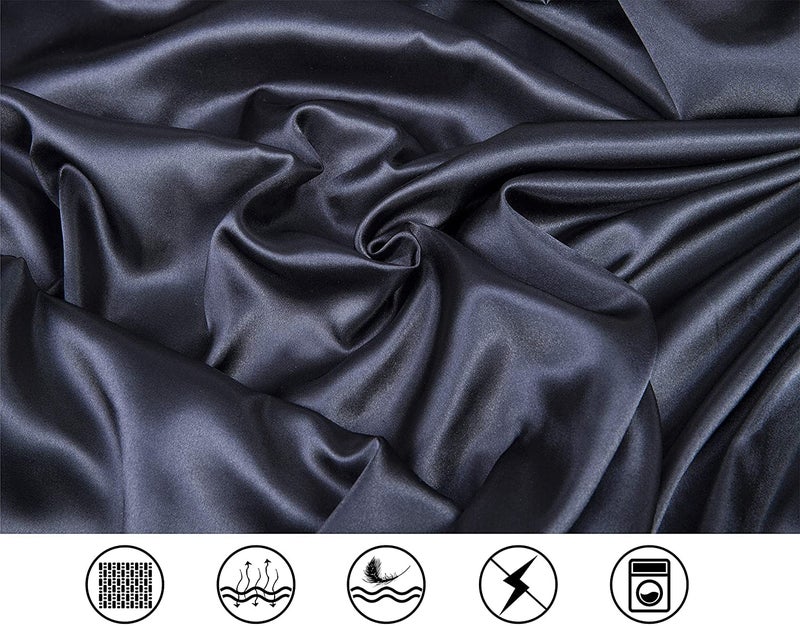 Luxbedding Satin Bed Sheets California King Size Sheets Set, Black Silk Sheets, 4 - Pieces Soft Bedding Set with 1 Deep Pocket Fitted Sheet,1 Flat Sheet,2 Pillowcase - Image 4